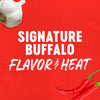 Signature Buffalo flavor and heat is advertised with garlic and chili peppers on a red background.
