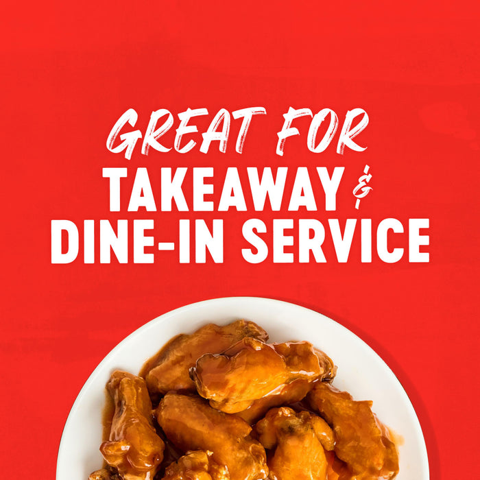 A plate of chicken wings is shown with the text Great for Takeaway and Dine-in Service on a red background.