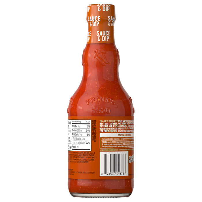 A bottle of Frank's RedHot Sauce is shown from the back, displaying the nutrition facts and barcode.