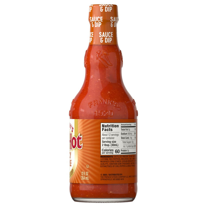 A bottle of Frank's RedHot sauce with a nutrition facts label on the back.