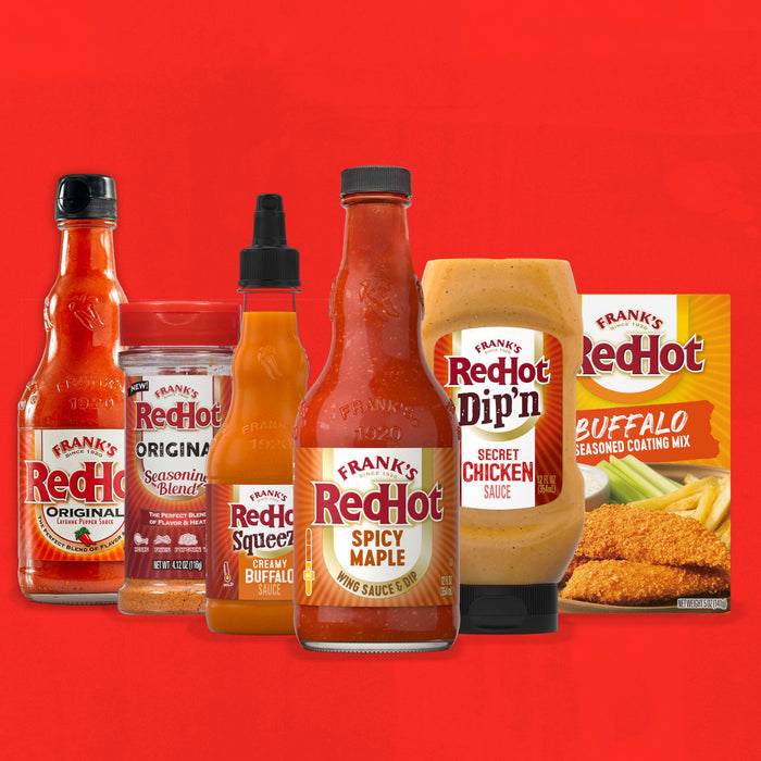 A variety of Frank's RedHot sauces and seasonings are displayed against a red background.