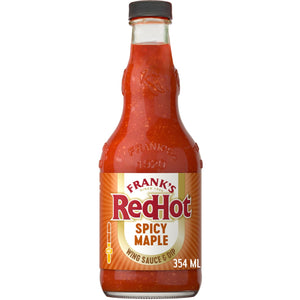 A bottle of Frank's RedHot Spicy Maple hot sauce.