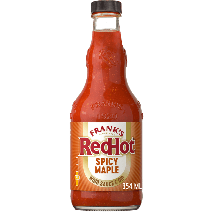 A bottle of Frank's RedHot Spicy Maple sauce.