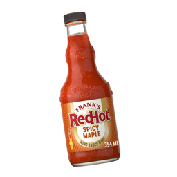 Bottle of Frank's RedHot Spicy Maple wing sauce on a white background