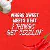 A promotional image with the text Where sweet meets heat &amp; things get sizzlin, featuring garlic and red chili peppers.