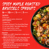 A recipe card for Spicy Maple Roasted Brussels Sprouts featuring ingredients like Smith &amp; Traber's Spicy Maple Wing Sauce and Parmesan cheese.