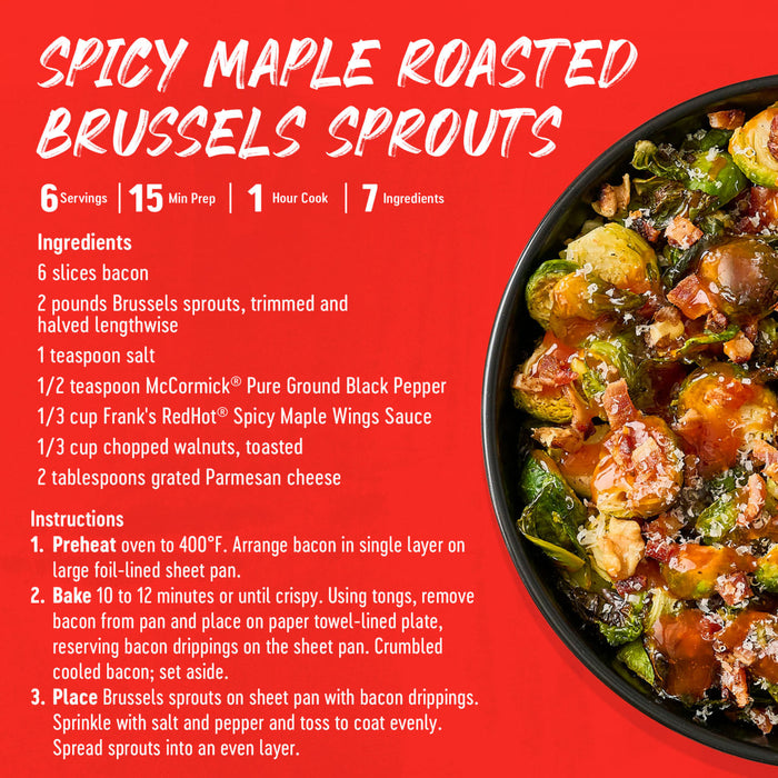 A recipe card for Spicy Maple Roasted Brussels Sprouts featuring ingredients like Smith &amp; Traber's Spicy Maple Wing Sauce and Parmesan cheese.