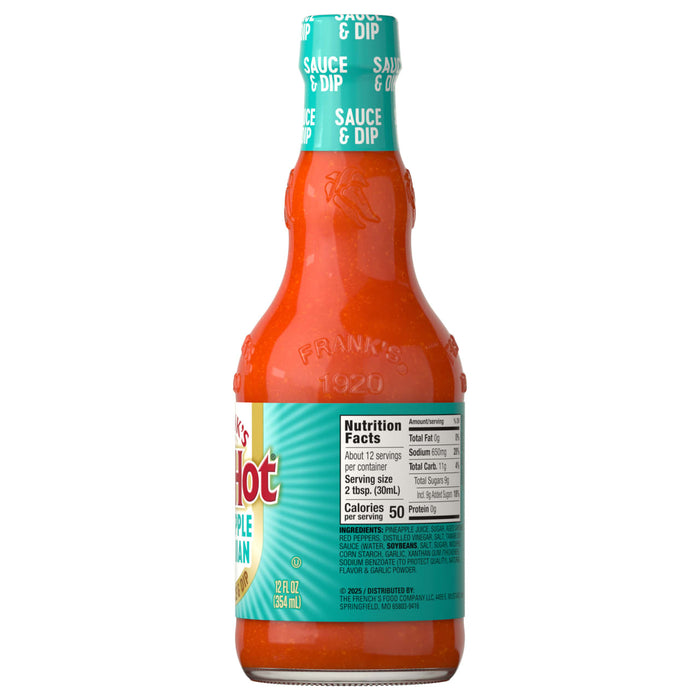 A bottle of Frank's RedHot Sriracha Chili Sauce is displayed.