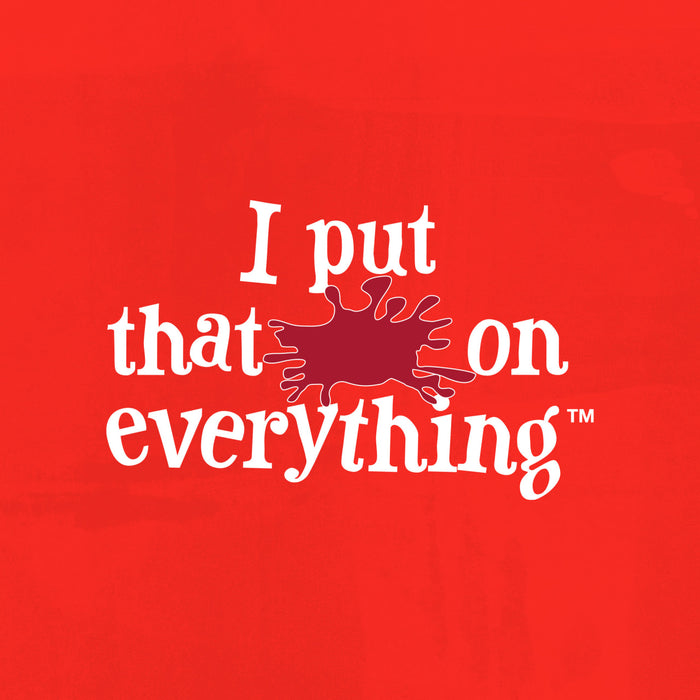The logo for I put that S on everything features the brand name in white text with a stylized red splatter replacing the letter O.