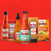 A variety of Frank's RedHot sauces and seasonings are displayed against a red background.