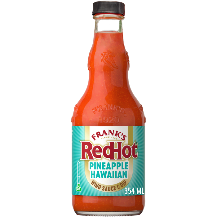 A bottle of Frank's RedHot Pineapple Habanero Wing Sauce.