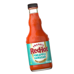 Bottle of Frank's RedHot Pineapple Hawaiian wing sauce on a white background