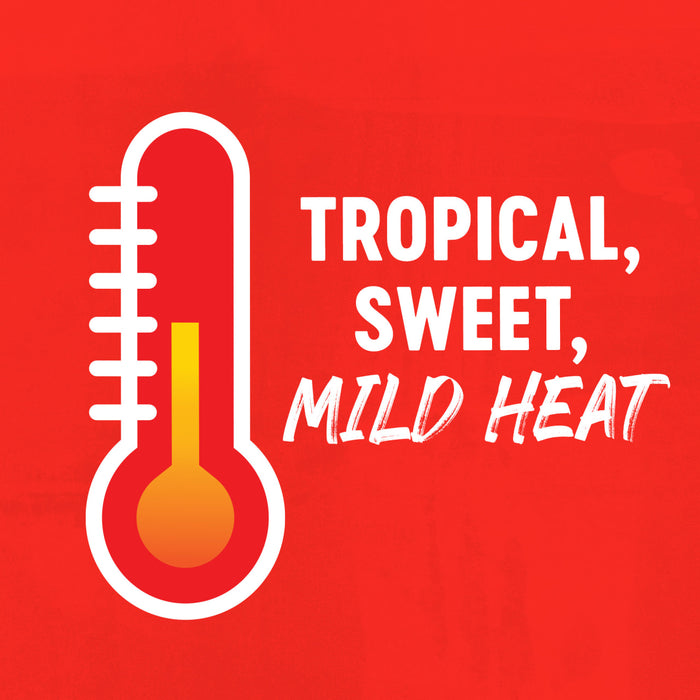 Illustration of a thermometer with the words Tropical, Sweet, Mild Heat indicating the flavor profile.