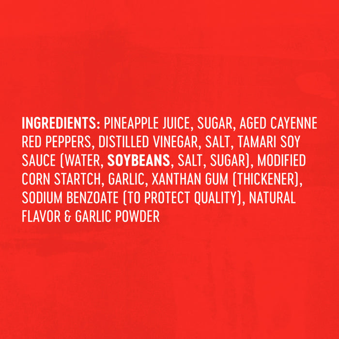 The image shows the ingredient list for a food product, including pineapple juice, sugar, aged cayenne red peppers, distilled vinegar, salt, and tamari soy sauce.