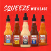 A variety of Frank's RedHot squeeze bottles are displayed against a red background, promoting the ease of use with the text Squeeze with Ease.