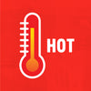 Illustration of a thermometer indicating a high temperature, accompanied by the word HOT.