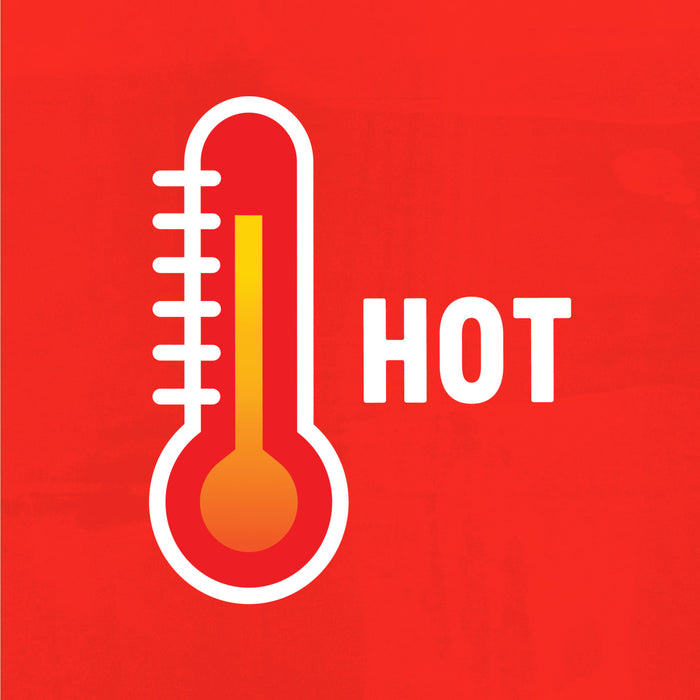 Illustration of a thermometer indicating a high temperature, accompanied by the word HOT.