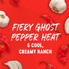 A fiery ghost pepper ranch sauce is advertised with images of garlic and red peppers.