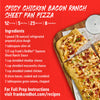 A Frank's RedHot Spicy Chicken Bacon Ranch Sheet Pan Pizza recipe is shown with ingredients and a link to the full recipe.