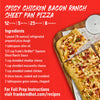 A Frank's RedHot Spicy Chicken Bacon Ranch Sheet Pan Pizza recipe is shown with ingredients and a link to the full recipe.