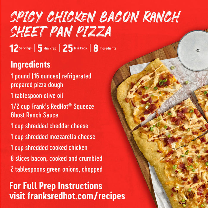 A Frank's RedHot Spicy Chicken Bacon Ranch Sheet Pan Pizza recipe is shown with ingredients and a link to the full recipe.