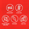 An infographic showing icons for no MSG added, gluten-free, no high fructose corn syrup, vegetarian, and dairy-free.