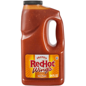 A jug of Frank's RedHot Wings Spicy Maple Sauce is displayed.