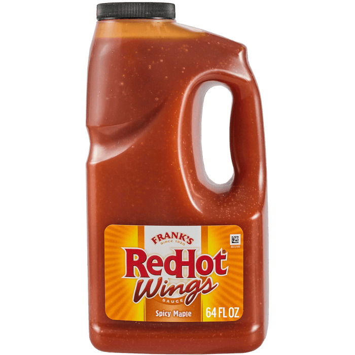 A jug of Frank's RedHot Wings Spicy Maple Sauce is displayed.