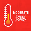 An illustration with a thermometer showing a moderate level of heat, accompanied by the text Moderate Sweet &amp; Spicy.