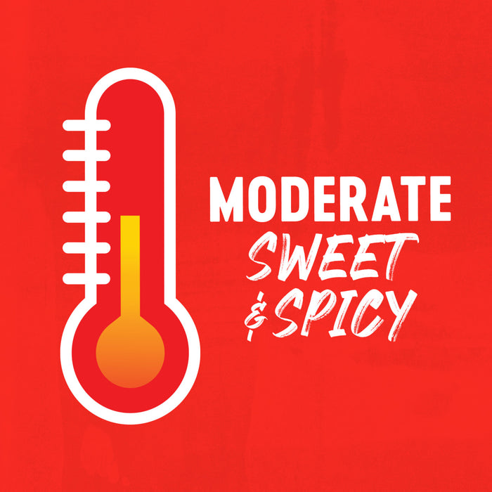 An illustration with a thermometer showing a moderate level of heat, accompanied by the text Moderate Sweet &amp; Spicy.