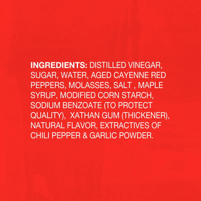Ingredients list for a hot sauce, including distilled vinegar, sugar, aged cayenne red peppers, and garlic powder.