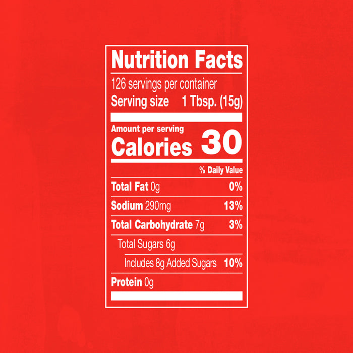 Nutrition facts label showing a serving size of 1 Tbsp (15g) with 30 calories, 290mg of sodium, 7g of total carbohydrates, and 8g of added sugars.