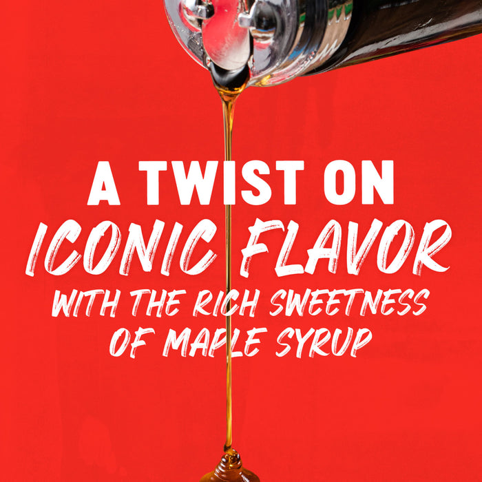 Maple syrup is being poured over the text, A Twist on Icon Flavor with the Rich Sweetness of Maple Syrup.
