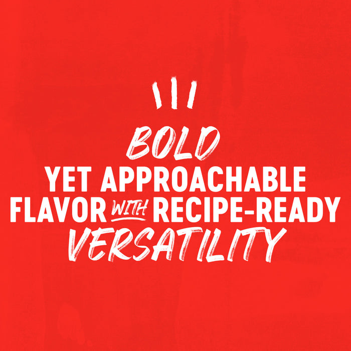 The image features white text on a red background that reads, Bold, Yet Approachable Flavor with Recipe-Ready Versatility.