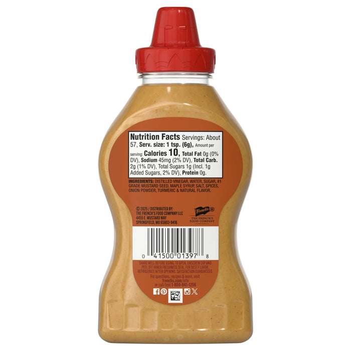 A bottle of French's Stone Ground Dijon Mustard shows the nutrition facts and barcode on its label.