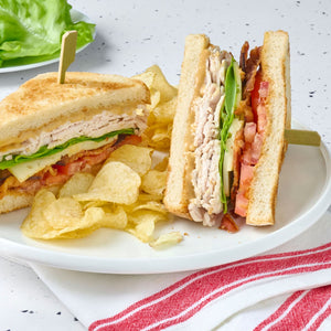 A club sandwich with turkey, bacon, lettuce, and tomato is served with potato chips on a white plate.