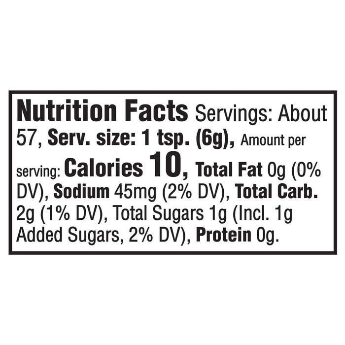 The image shows a nutrition facts label with a serving size of 1 teaspoon (6g) and 10 calories per serving.
