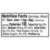 The image shows a nutrition facts label with a serving size of 1 teaspoon (6g) and 10 calories per serving.