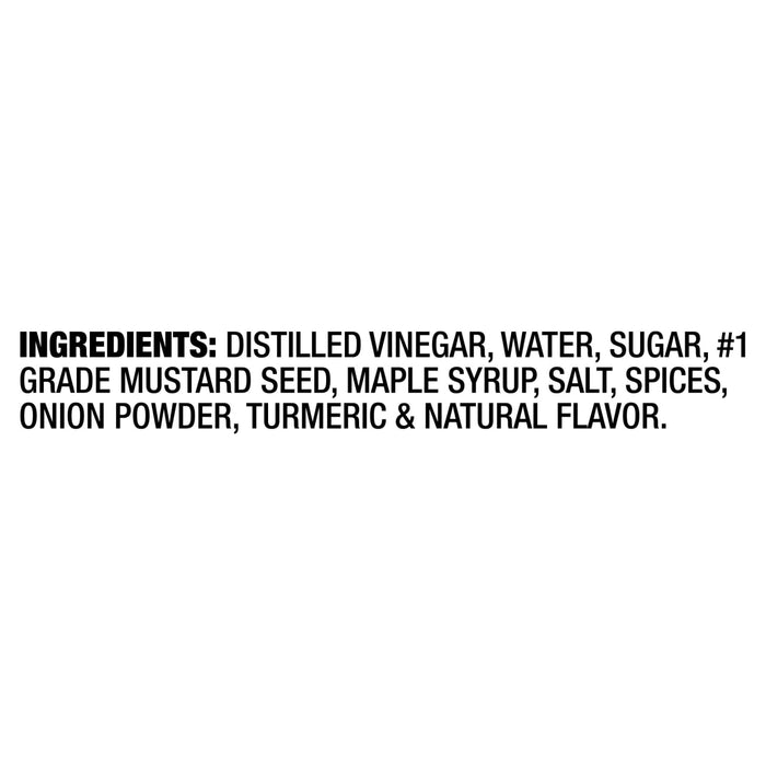 The image shows the ingredient list for a food product, including distilled vinegar, water, sugar, mustard seed, maple syrup, salt, spices, onion powder, turmeric, and natural flavor.