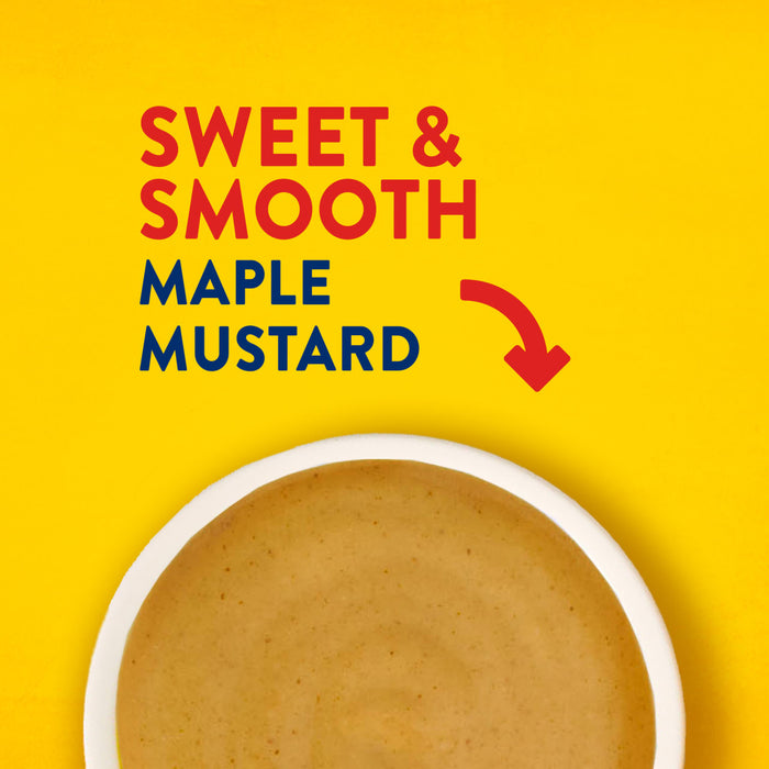A bowl of Sweet &amp; Smooth Maple Mustard is featured against a bright yellow background.