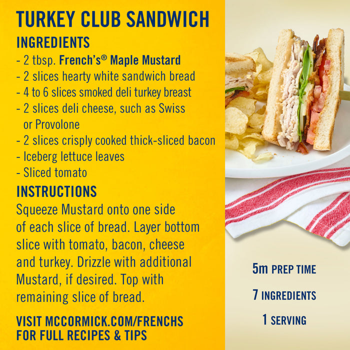 This image shows a recipe for a French's Turkey Club Sandwich, including ingredients and instructions.