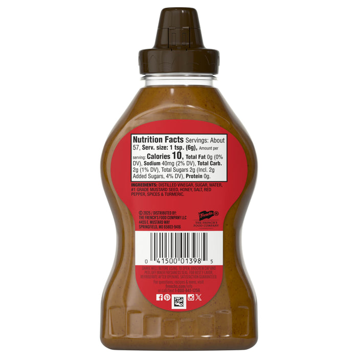 A bottle of French's Honey Mustard with a nutrition facts label on the back.