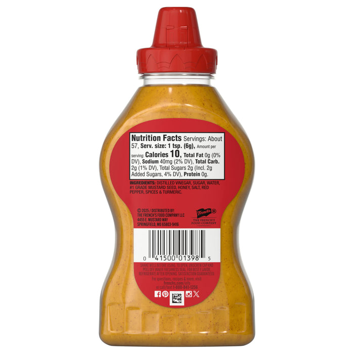A bottle of French's Honey Mustard with a nutrition facts label on the back.