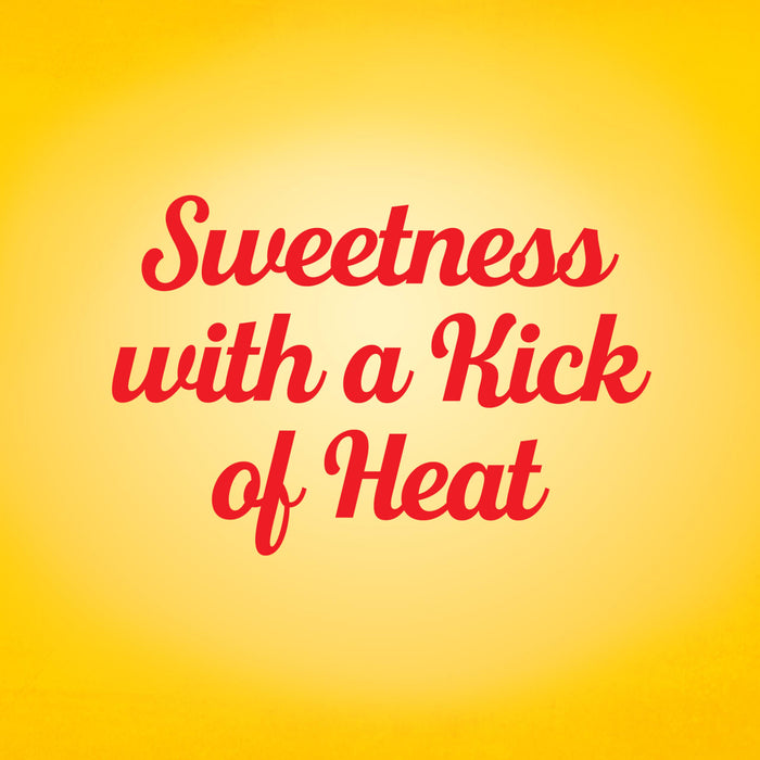 The image displays the text Sweetness with a Kick of Heat in red font against a yellow background, suggesting a product with both sweet and spicy flavors.