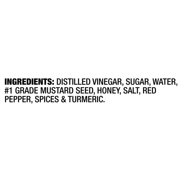 The image shows a list of ingredients including distilled vinegar, sugar, water, mustard seed, honey, salt, red pepper, spices, and turmeric.