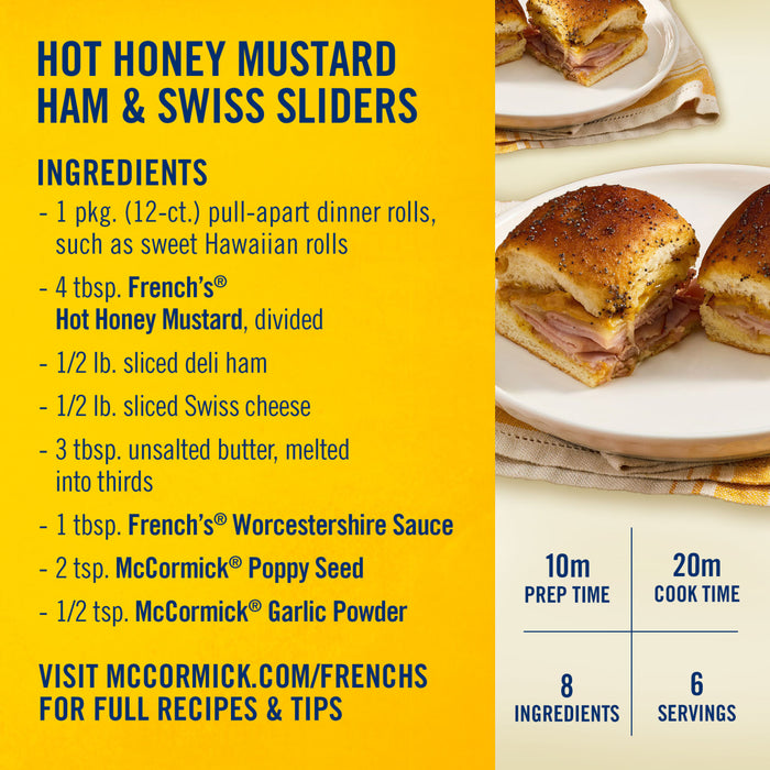 This image shows a recipe for Hot Honey Mustard Ham &amp; Swiss Sliders featuring brands like French's and McCormick's.