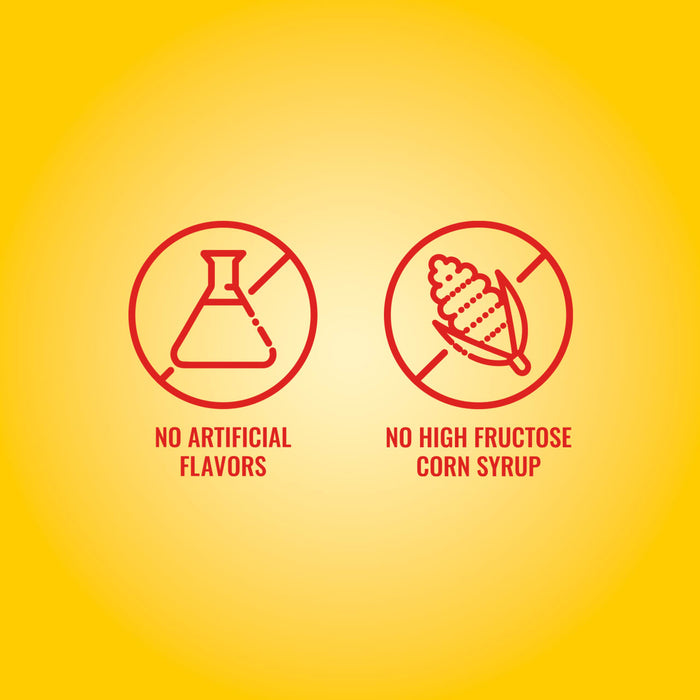 An infographic for FrenchS Tomato Ketchup, 20 Oz featuring red line icons on a yellow background that indicate the product contains no artificial flavors and no high fructose corn syrup.