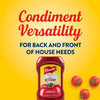 An advertisement for FrenchS Tomato Ketchup, 20 Oz highlights its condiment versatility for both back and front of house needs against a bright yellow background with fresh tomatoes.