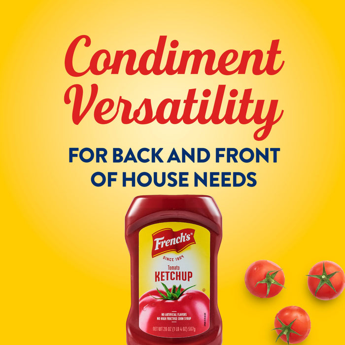 An advertisement for FrenchS Tomato Ketchup, 20 Oz highlights its condiment versatility for both back and front of house needs against a bright yellow background with fresh tomatoes.