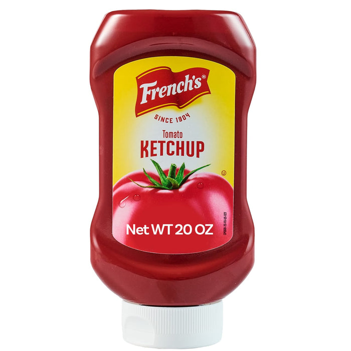 A bottle of FrenchS Tomato Ketchup, 20 Oz stands upright against a white background featuring a bright yellow label with a large red tomato illustration.
